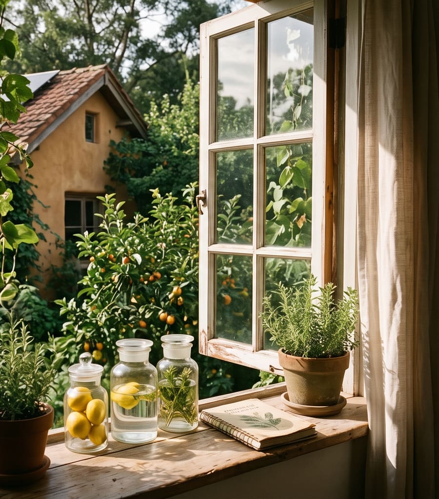 Open window onto a sunlit garden, with lemon jars and herbs on the sill